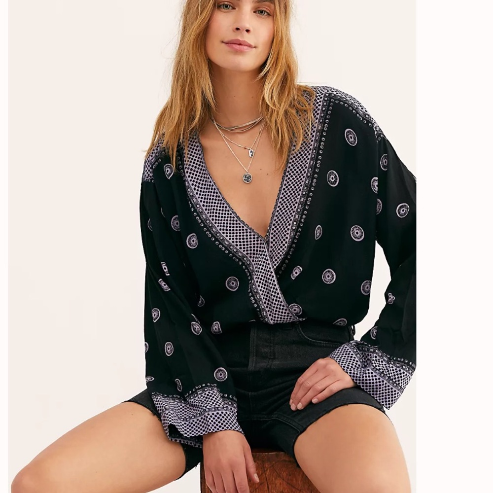 Free People Black Purple On Board  Long Sleeve Bodysuit Top, Size M